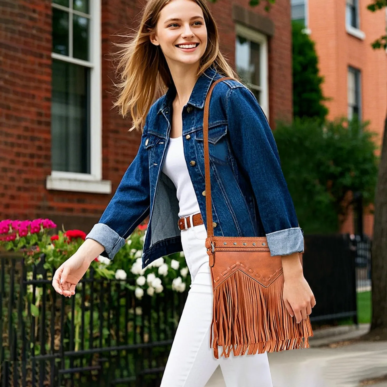 Sunwel Fashion Fringe Crossbody Bag with Rivets Western Purse Vegan Leather Tassel Shoulder Crossbody Bag for Women