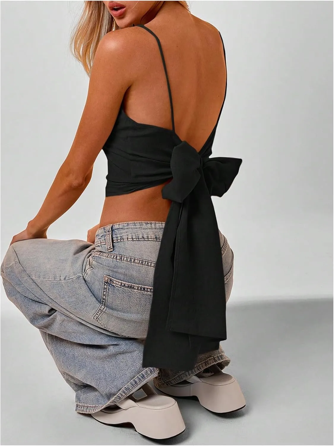 SweatyRocks Women's Bowknot Camisole Tops Spaghetti Strap Slim Fit Cami Crop Top
