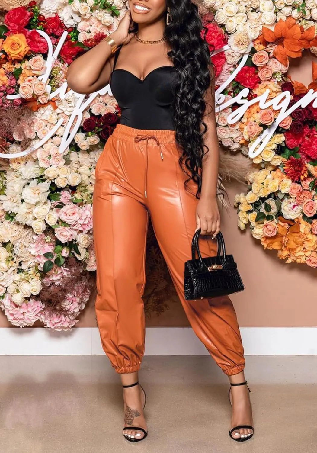 Tcremisa Women's Faux Leather Pants Drawstring Elastic High Waist Joggers Casual Loose Trousers with Pockets