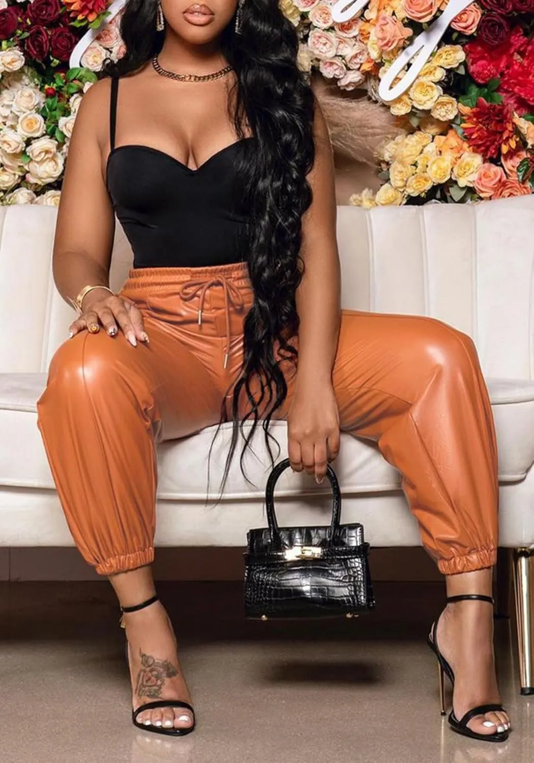 Tcremisa Women's Faux Leather Pants Drawstring Elastic High Waist Joggers Casual Loose Trousers with Pockets