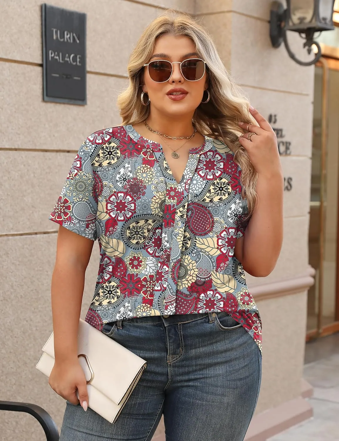 TFSDOD Plus Size Tops for Women V Neck Short Sleeve Casual Shirts Summer 2025