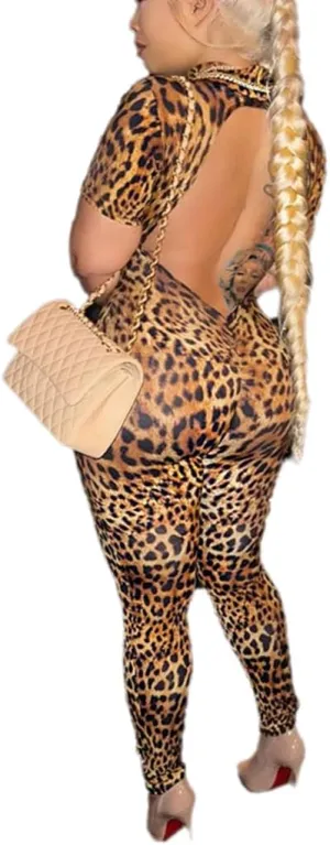 THLAI Sexy Jumpsuits for Women Leopard Print Bodycon Jumpsuits Backless One Piece Jumpsuit Going Out Clubwear