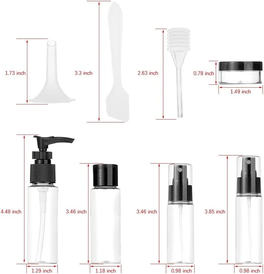Travel Bottles Kit, TSA Approved Leak Proof Portable Toiletry Containers Set, Clear flight size PET Cosmetic Containers for Lotion, Shampoo, Cream, Soap, Set of 11 (Black Plastic)