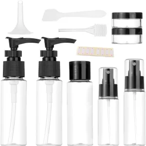 Travel Bottles Kit, TSA Approved Leak Proof Portable Toiletry Containers Set, Clear flight size PET Cosmetic Containers for Lotion, Shampoo, Cream, Soap, Set of 11 (Black Plastic)