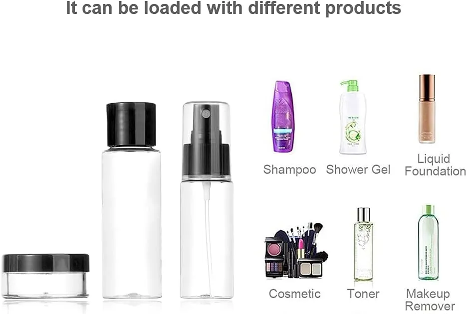 Travel Bottles Kit, TSA Approved Leak Proof Portable Toiletry Containers Set, Clear flight size PET Cosmetic Containers for Lotion, Shampoo, Cream, Soap, Set of 11 (Black Plastic)