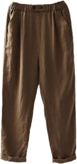 UIOKLMJH Women Spring Cotton Linen Pants Female Elastic Waist Casual Loose Solid Harem Pants Plus Size