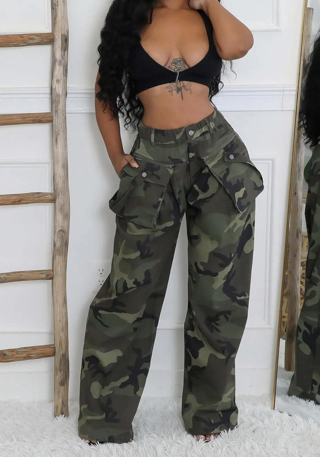 Vakkest Women's Camo Cargo Pants High Waist Slim Fit Trousers Camouflage Active Jogger Pocket Sweatpants with Belt