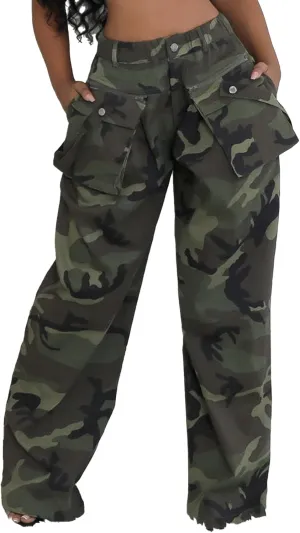 Vakkest Women's Camo Cargo Pants High Waist Slim Fit Trousers Camouflage Active Jogger Pocket Sweatpants with Belt