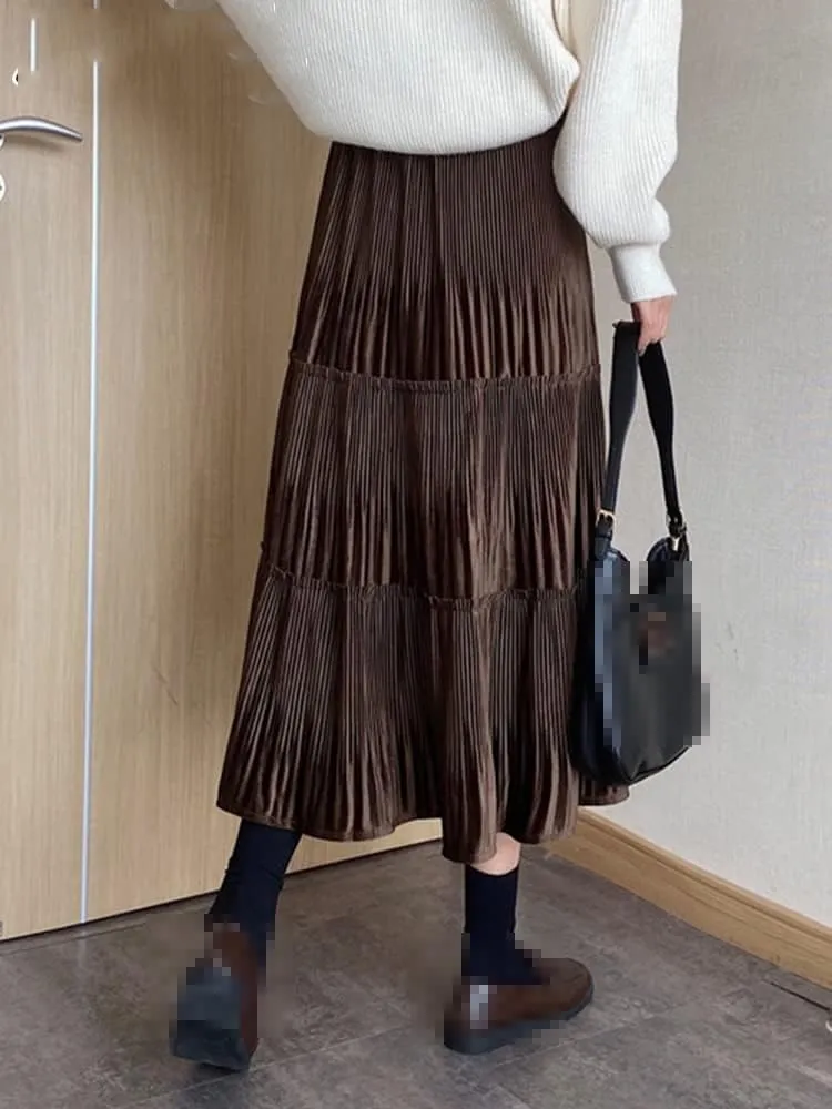 Velvet Long Skirt Women Autumn Winter Korean Mid-Length High Waist Pleated Midi Skirt Female