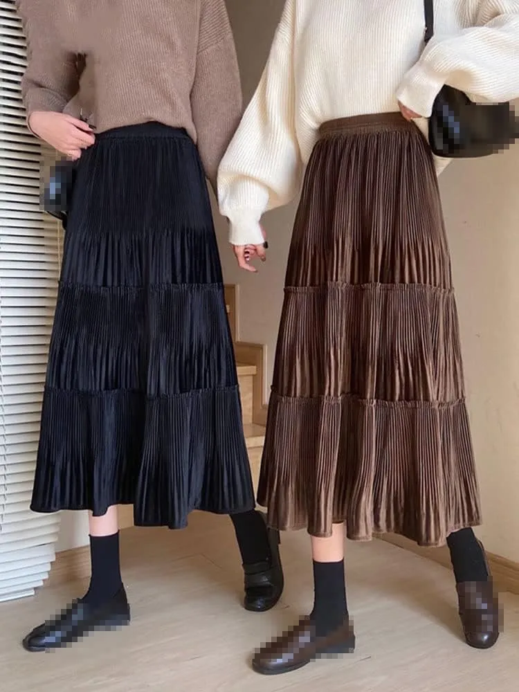 Velvet Long Skirt Women Autumn Winter Korean Mid-Length High Waist Pleated Midi Skirt Female