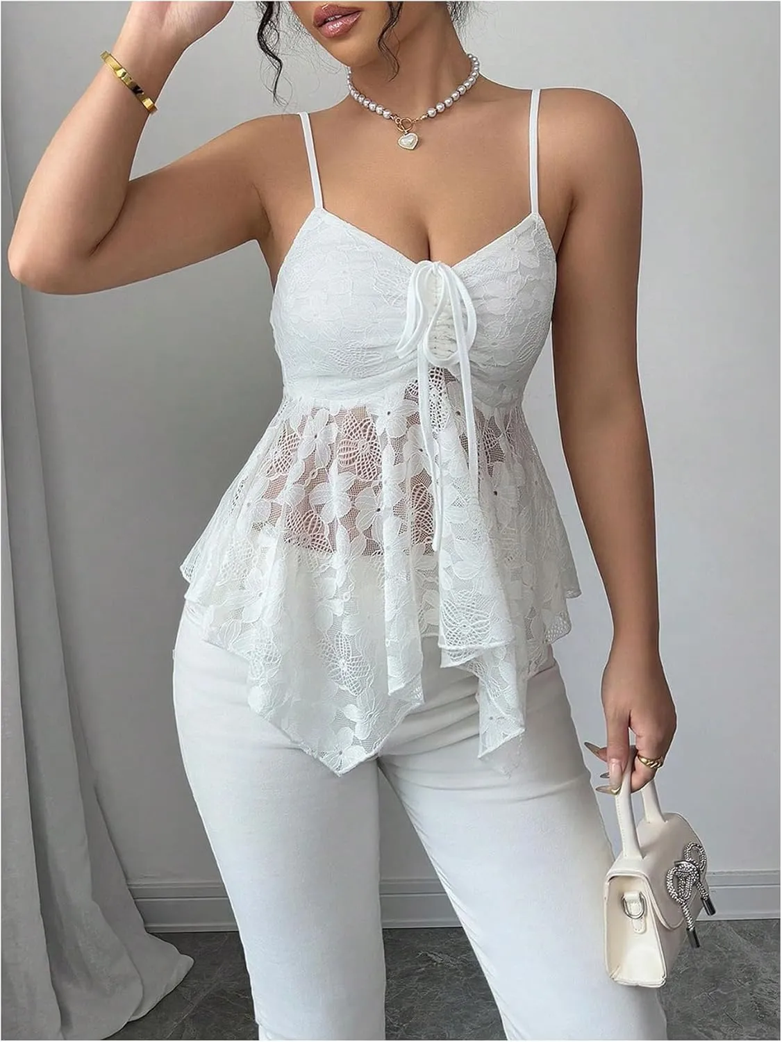 Verdusa Women's Fairycore Bow Lace Camisole Sheer Asymmetrical Sleeveless Peplum Tops