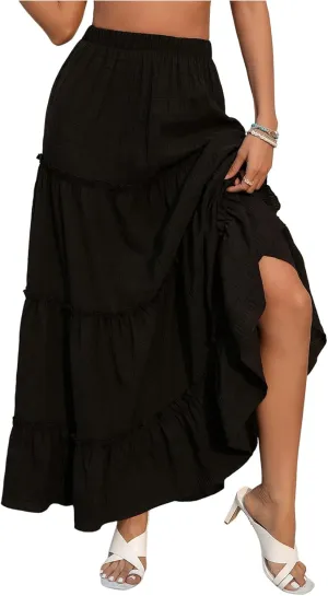 Verdusa Women's Floral Print Long Skirt Tiered Layered Ruffled Flowy Maxi Skirt Solid Black X-Small