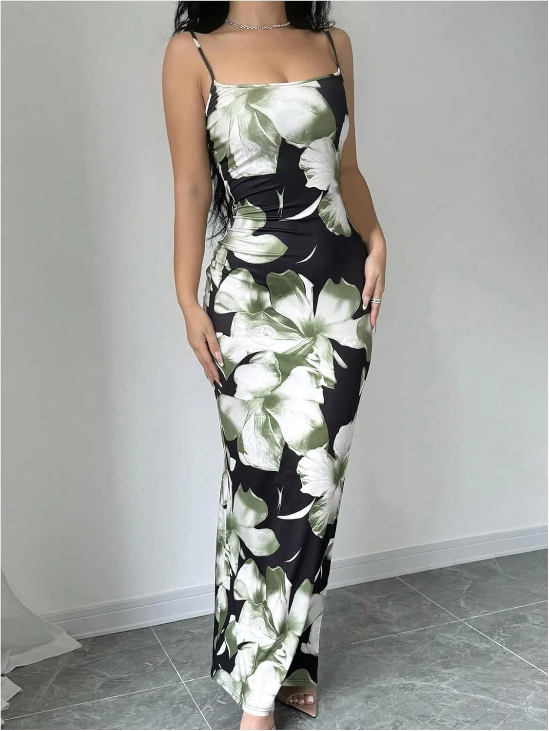 Verdusa Women's Holiday Floral Print Bodycon Maxi Dress Backless Summer Cami Dress