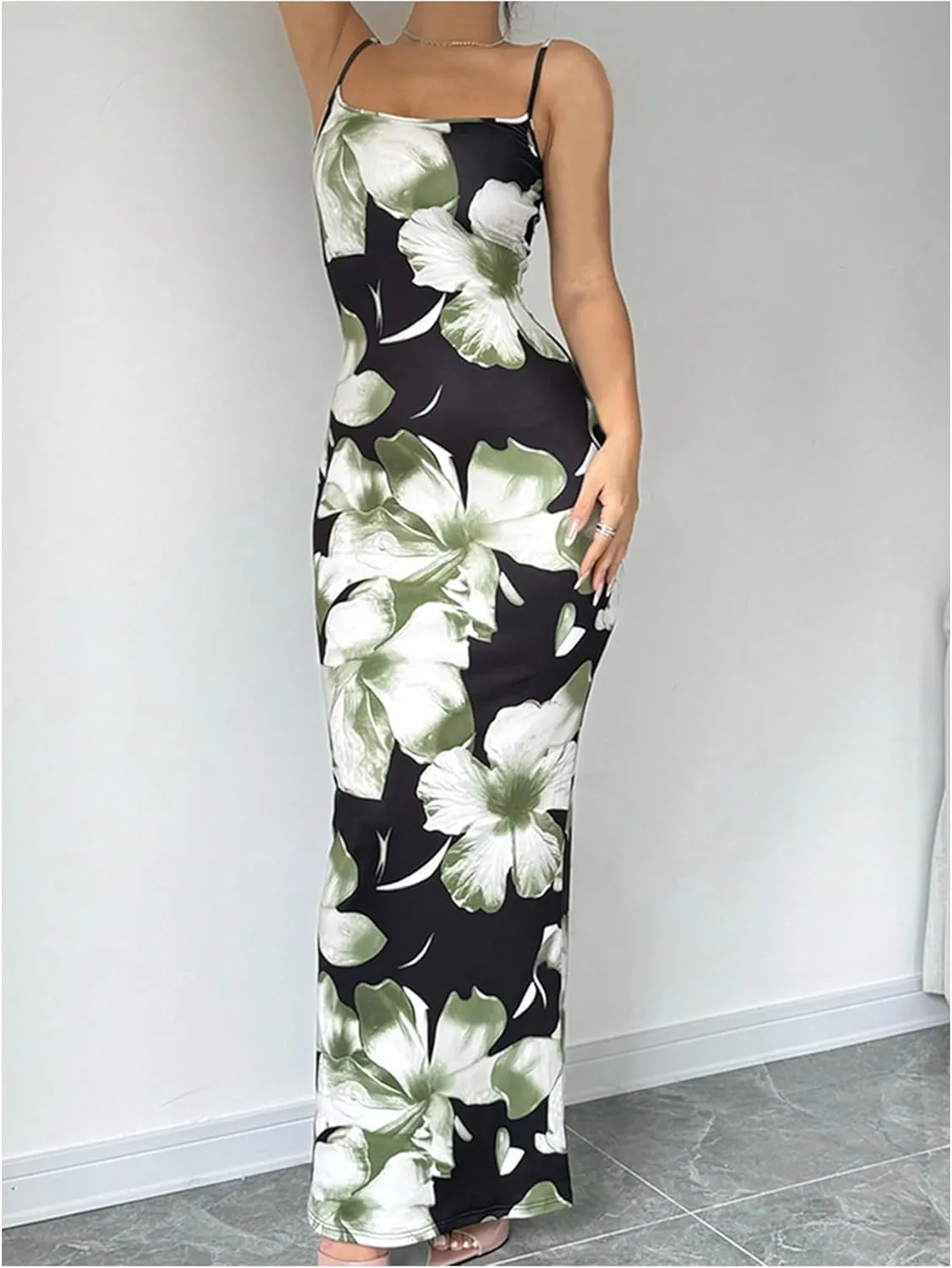 Verdusa Women's Holiday Floral Print Bodycon Maxi Dress Backless Summer Cami Dress