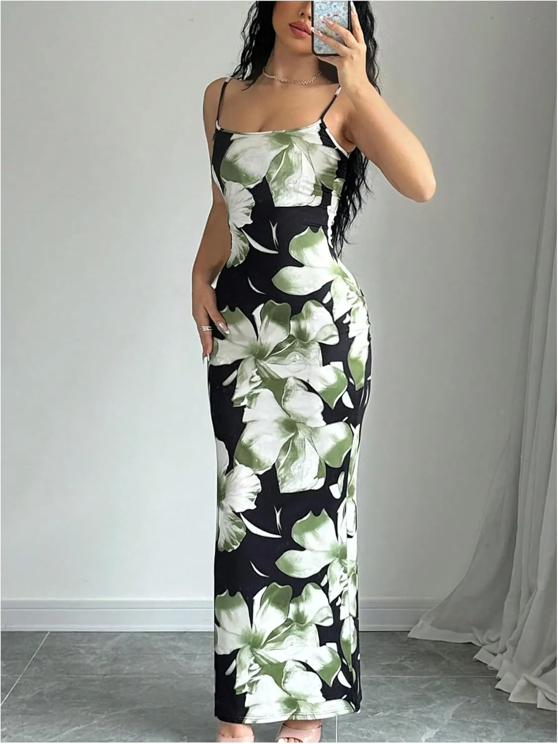 Verdusa Women's Holiday Floral Print Bodycon Maxi Dress Backless Summer Cami Dress