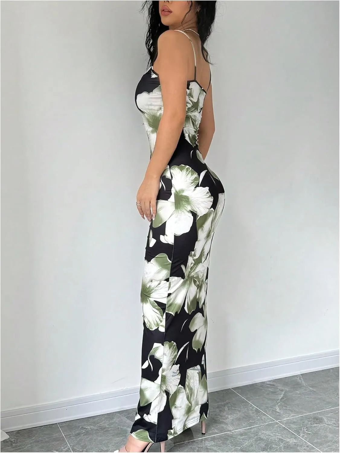 Verdusa Women's Holiday Floral Print Bodycon Maxi Dress Backless Summer Cami Dress