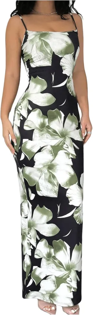 Verdusa Women's Holiday Floral Print Bodycon Maxi Dress Backless Summer Cami Dress