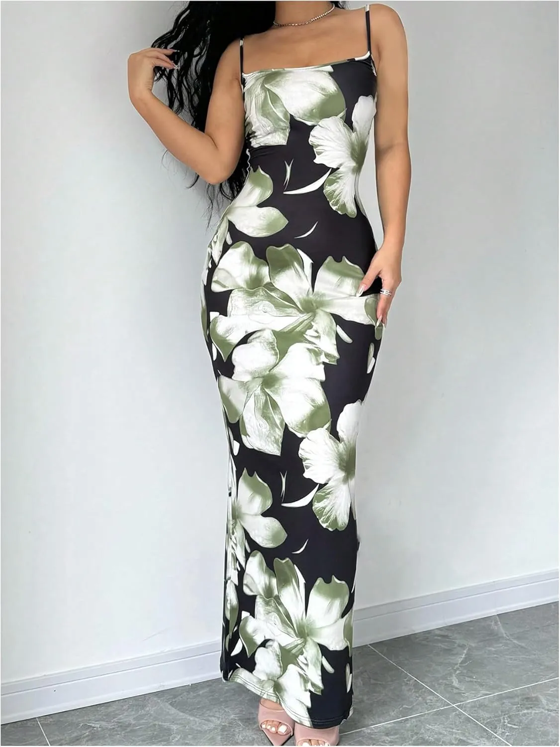 Verdusa Women's Holiday Floral Print Bodycon Maxi Dress Backless Summer Cami Dress