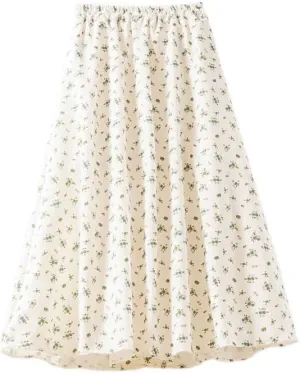 Vintage Floral Print A-line Pleated Long Skirts Summer Women Korean Skirt Streetwear Drawstring Elastic Waist Midi Skirts
