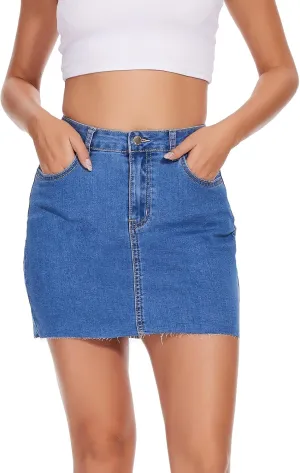 VIPONES Women Denim Skirt High Waist Raw Hem Stretch Ripped Casual Mini Jean Skirts