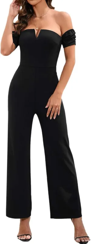 WDIRARA Women's Off Shoulder Short Sleeve V-Cut High Waist Elegant Formal Jumpsuit