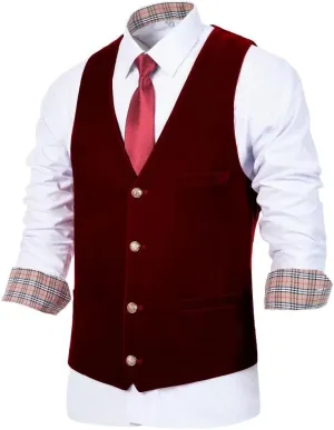 Wehilion Men's Vest Velvet Waistcoat Burgundy Suit Vest 3 Pocket