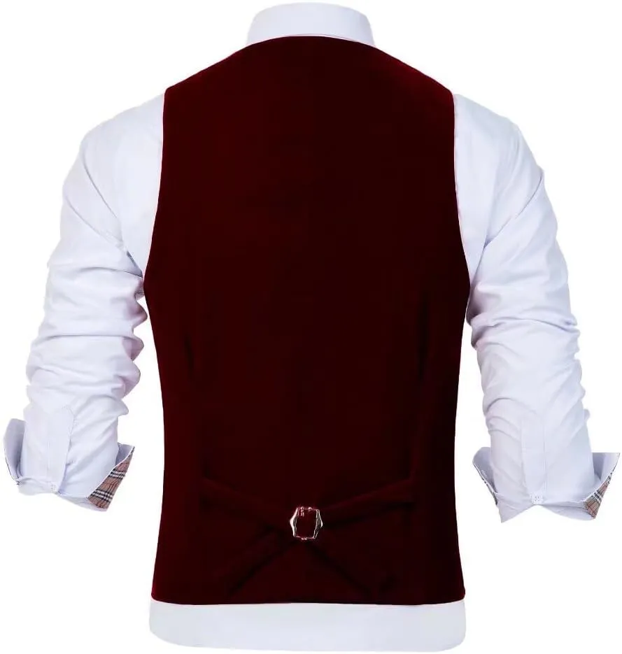 Wehilion Men's Vest Velvet Waistcoat Burgundy Suit Vest 3 Pocket