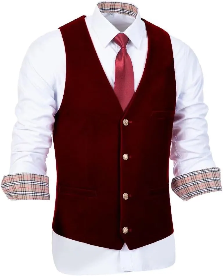 Wehilion Men's Vest Velvet Waistcoat Burgundy Suit Vest 3 Pocket