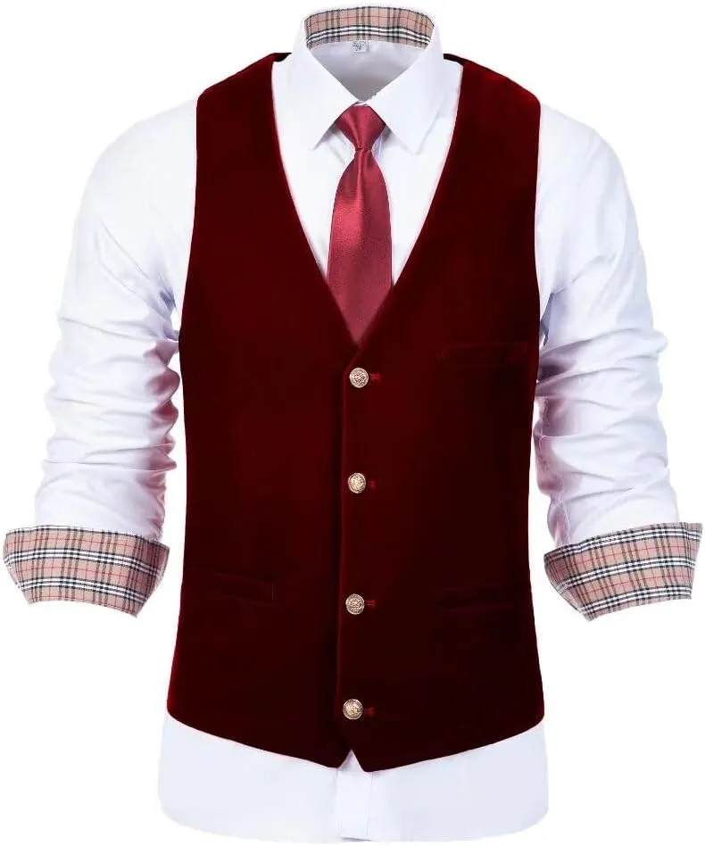 Wehilion Men's Vest Velvet Waistcoat Burgundy Suit Vest 3 Pocket