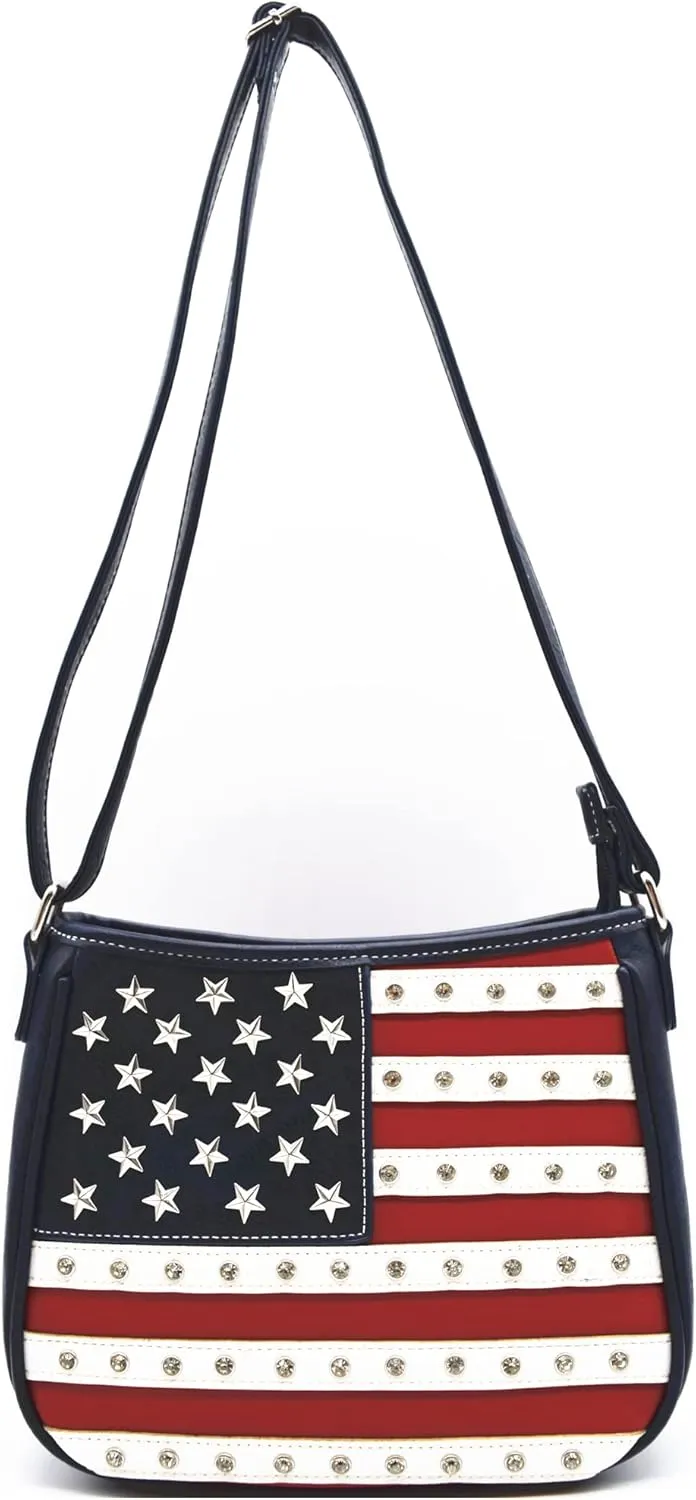 WESTERN ORIGIN American Flag Stars and Stripes Studs Crossbody Handbag USA Patriotic Women Purse Leather Single Shoulder Bag