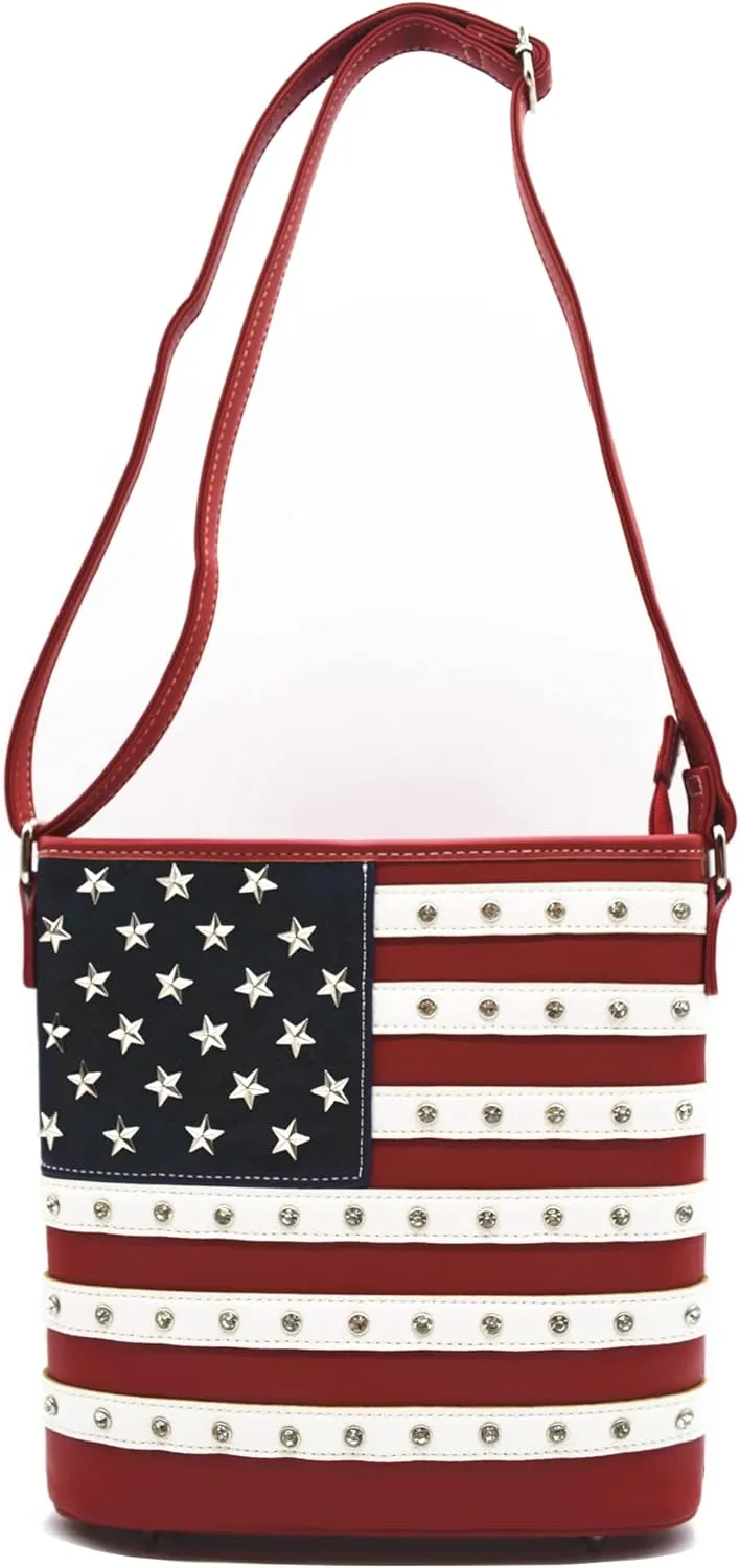 WESTERN ORIGIN American Flag Stars and Stripes Studs Crossbody Handbag USA Patriotic Women Purse Leather Single Shoulder Bag