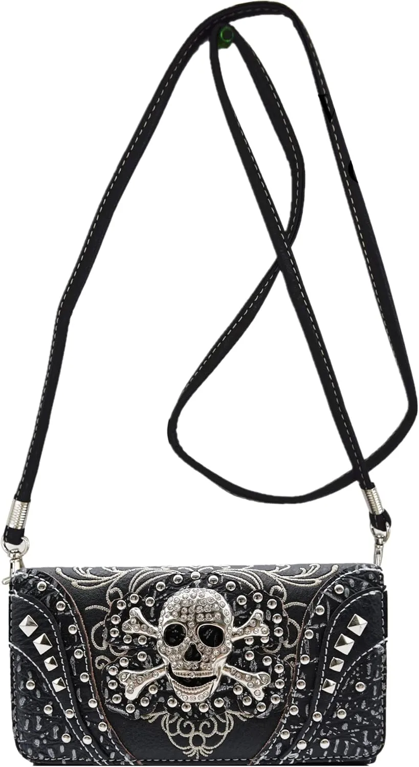 WESTERN ORIGIN Sugar Skull Day of the Dead Cross Bone Studs Punk Gothic Art Rivet Studded Women Wristlet Trifold Wallet (#2 Black)