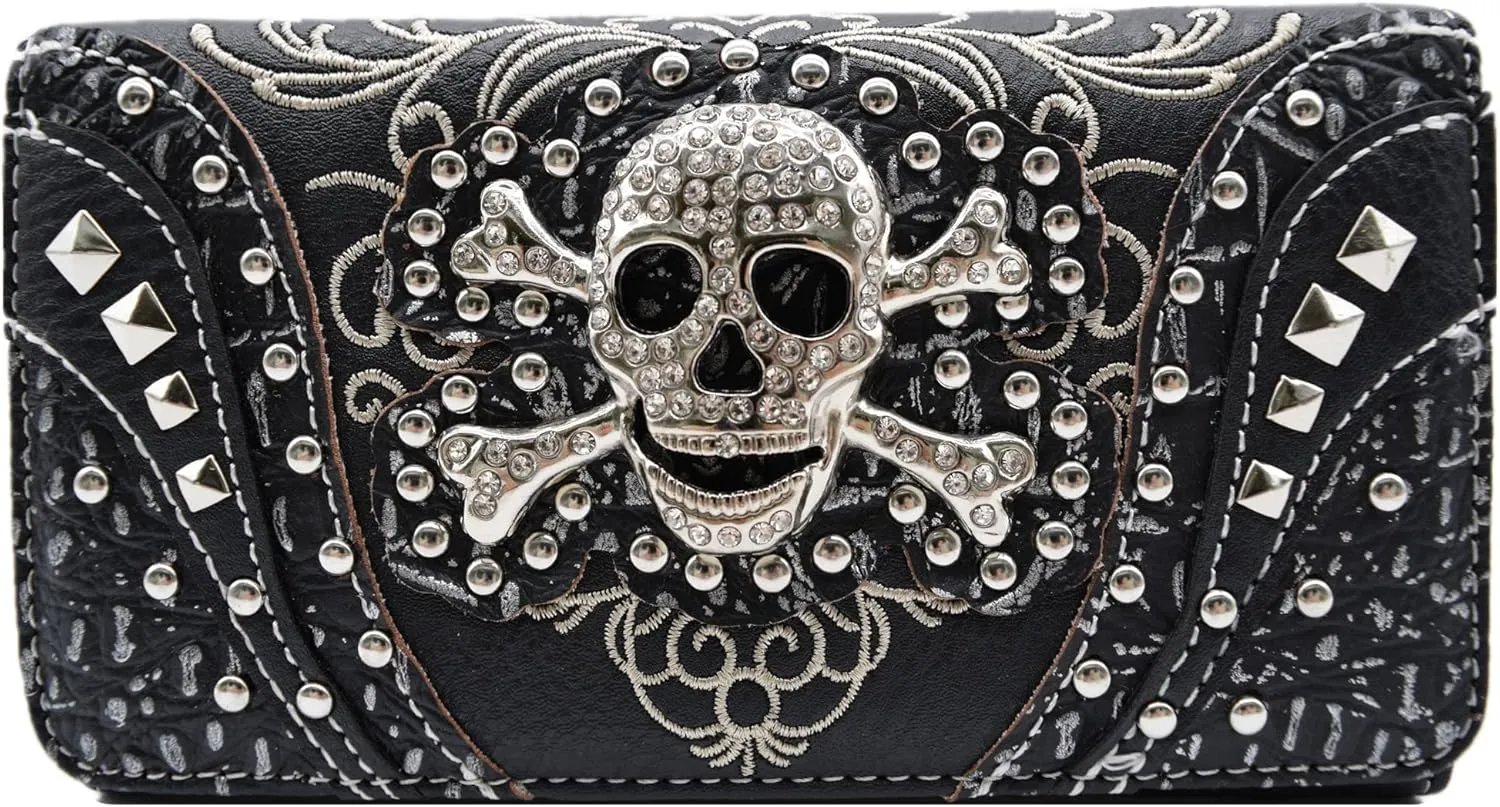 WESTERN ORIGIN Sugar Skull Day of the Dead Cross Bone Studs Punk Gothic Art Rivet Studded Women Wristlet Trifold Wallet (#2 Black)