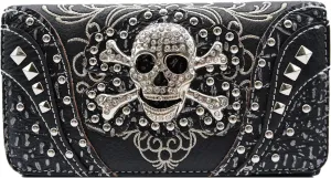 WESTERN ORIGIN Sugar Skull Day of the Dead Cross Bone Studs Punk Gothic Art Rivet Studded Women Wristlet Trifold Wallet (#2 Black)