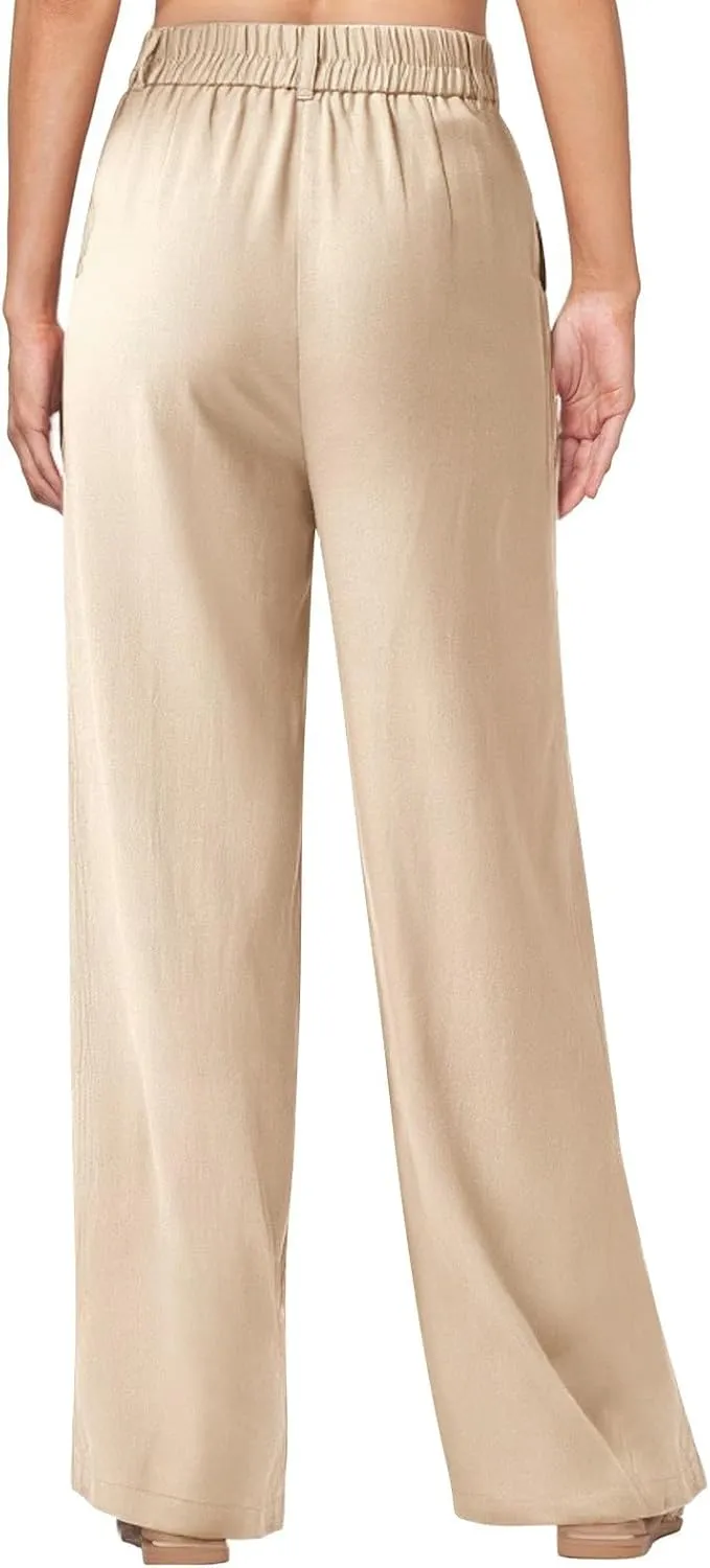 Wide Leg Linen Pants for Women Business Casual Elastic Waisted Dress Pants Dressy Office Work Trousers with Pockets