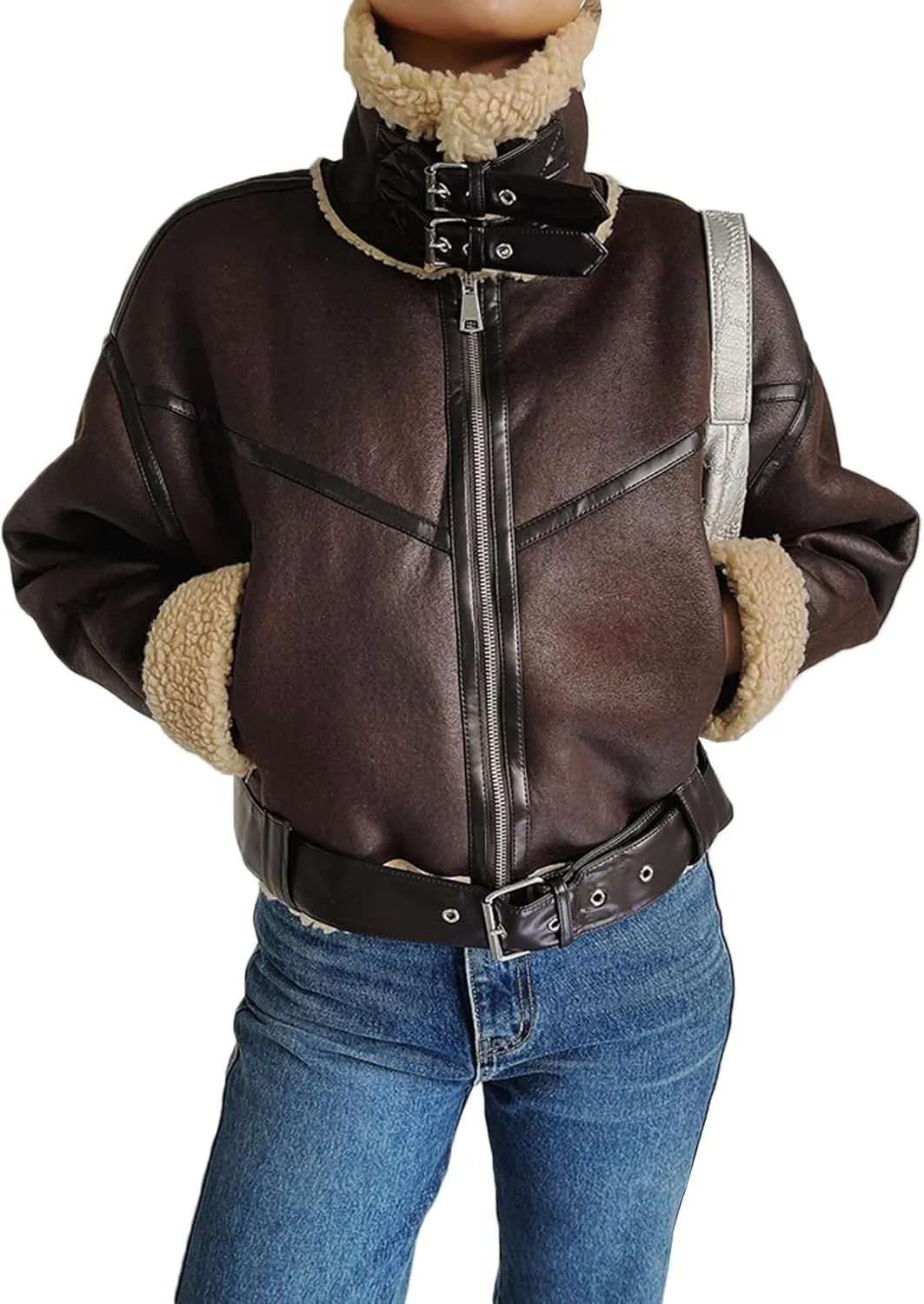 Winter Women Faux Lamb Sherpa Aviator Bomber Jacket Vintage Cropped Coat