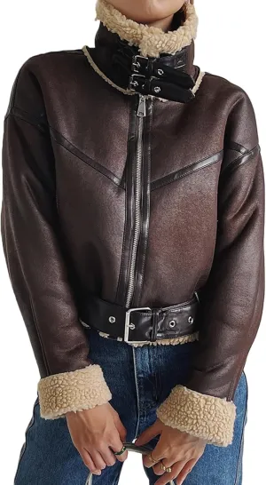 Winter Women Faux Lamb Sherpa Aviator Bomber Jacket Vintage Cropped Coat