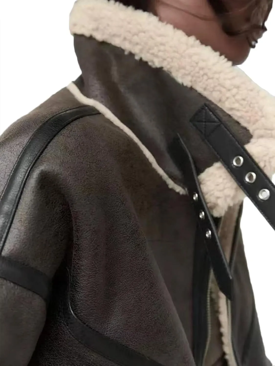Winter Women Faux Lamb Sherpa Aviator Bomber Jacket Vintage Cropped Coat