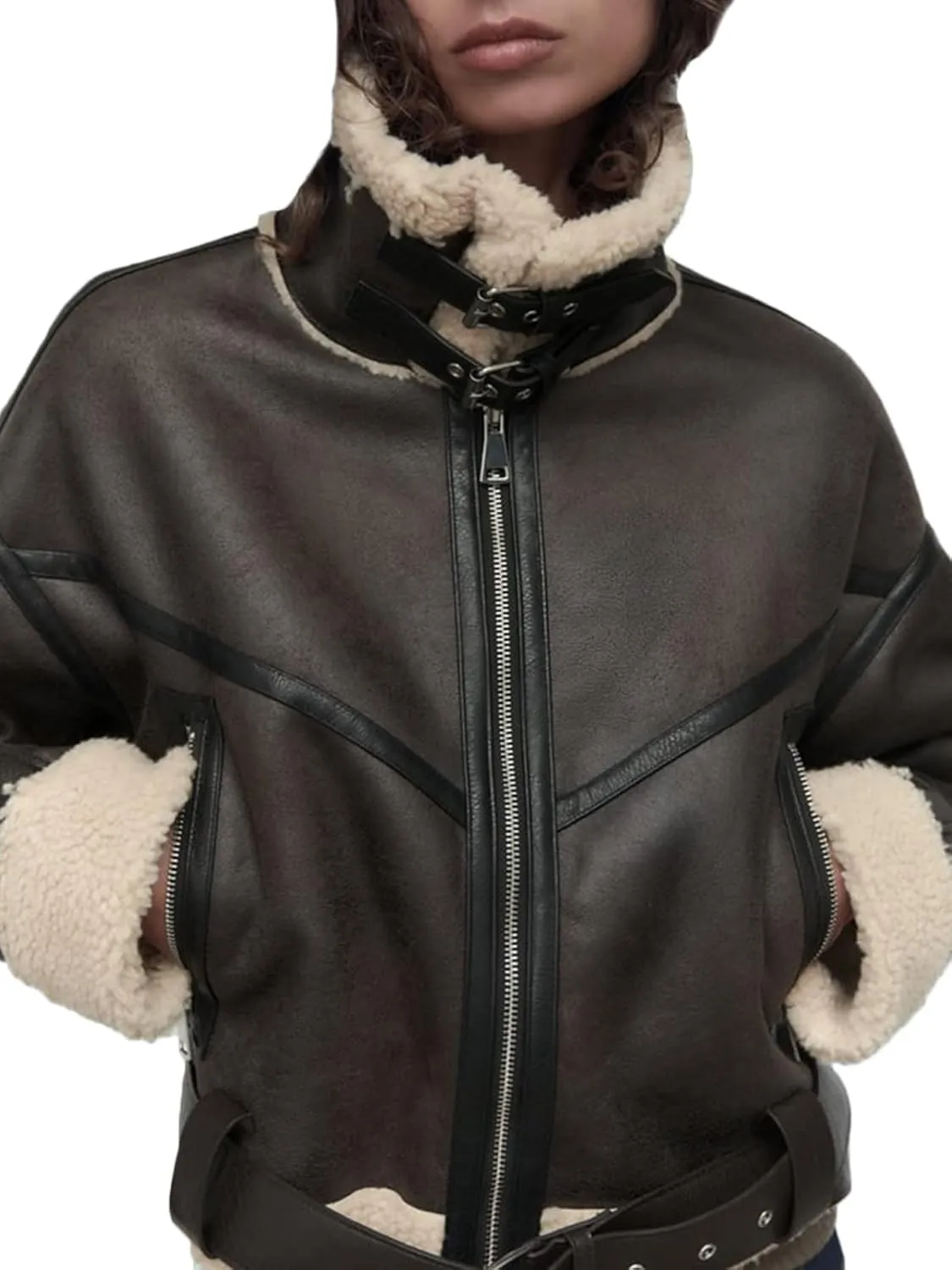Winter Women Faux Lamb Sherpa Aviator Bomber Jacket Vintage Cropped Coat