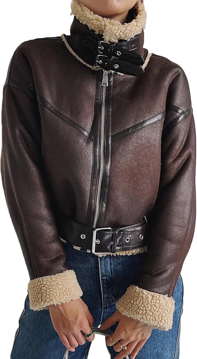 Winter Women Faux Lamb Sherpa Aviator Bomber Jacket Vintage Cropped Coat