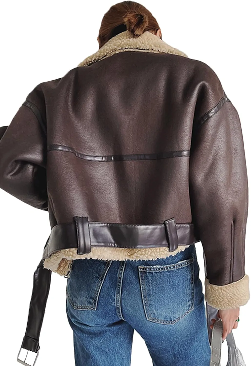 Winter Women Faux Lamb Sherpa Aviator Bomber Jacket Vintage Cropped Coat