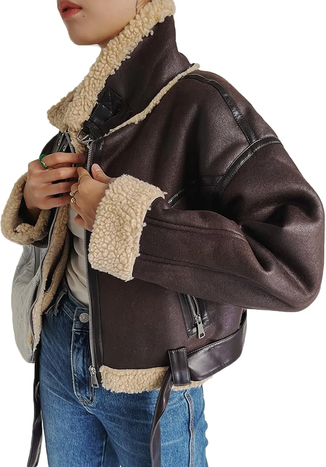 Winter Women Faux Lamb Sherpa Aviator Bomber Jacket Vintage Cropped Coat