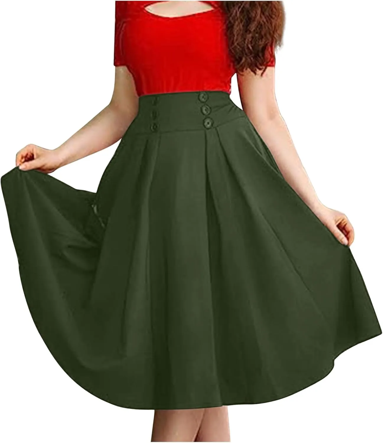 Women A-Line Flared Swing Skirt Midi High Waist Skirts Vintage Party Half Dress Pleated Swing Mid Calf Skirts