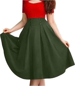 Women A-Line Flared Swing Skirt Midi High Waist Skirts Vintage Party Half Dress Pleated Swing Mid Calf Skirts