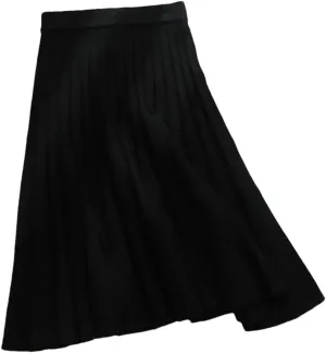 Women Black Knit Midi Skirt A-Line Elastic High Waist Pleated Casual Long Skirts