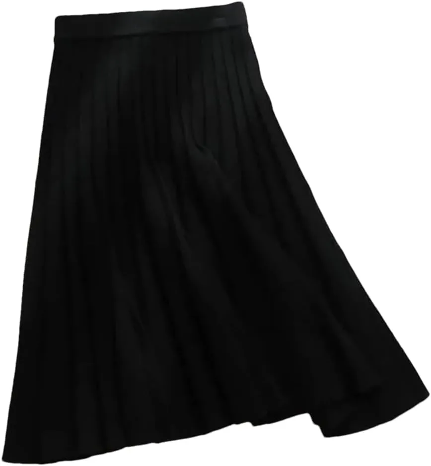 Women Black Knit Midi Skirt A-Line Elastic High Waist Pleated Casual Long Skirts