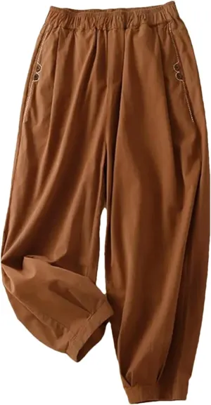 Women Cotton Casual Pants Simple Style Solid Elastic Waist Loose Ankle-Length Harem Pants