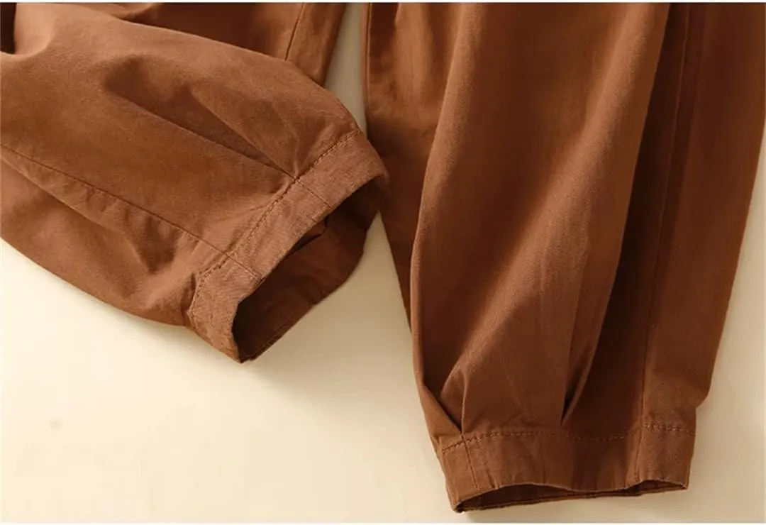 Women Cotton Casual Pants Simple Style Solid Elastic Waist Loose Ankle-Length Harem Pants