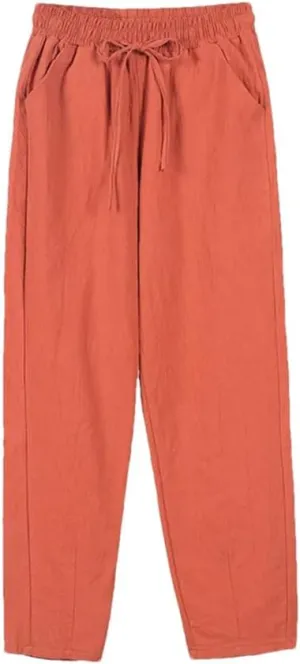Women Cotton Elastic Waist Solid Color Harem Trousers Casual Ankle-Length Female Pants