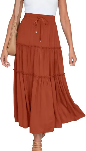 Women High Waist Casual Maxi Skirts Elastic Drawstring Pleated Long Skirt Loose Swing Beach Boho Skirt Half Dress